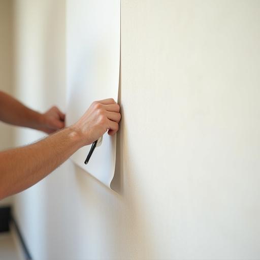 Un installatore professionista leviga un foglio di carta da parati su una parete con perizia.
